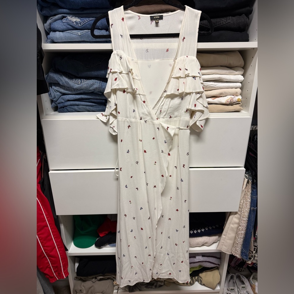 AFRM Cream Floral Wrap Maxi Dress with Ruffle Sleeves